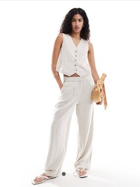 High-Rise Cream Wide-Leg Linen-Blend Pants and vest SET